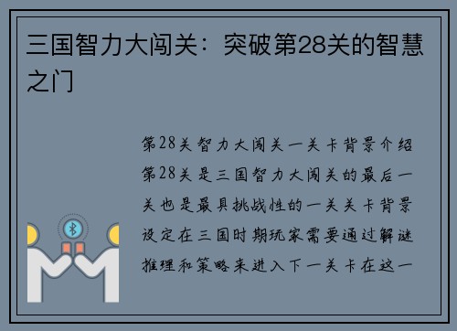三国智力大闯关：突破第28关的智慧之门