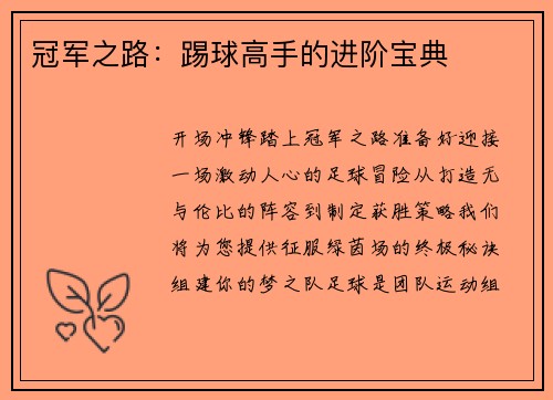 冠军之路：踢球高手的进阶宝典